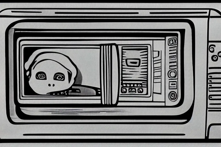 Prompt: retro robot sticking her head inside of a microwave, from 1977, bathed in the glow of a crt television, low-light photograph, in the style of jack bridgeland