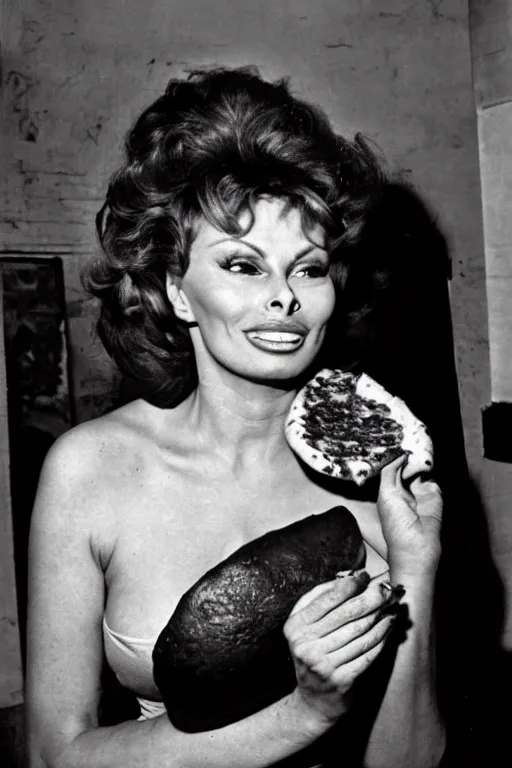 Image similar to historical photo of sophia loren eating!!! a pizza! margherita, full body, portrait photo, diffuse light, acclaimed masterpiece