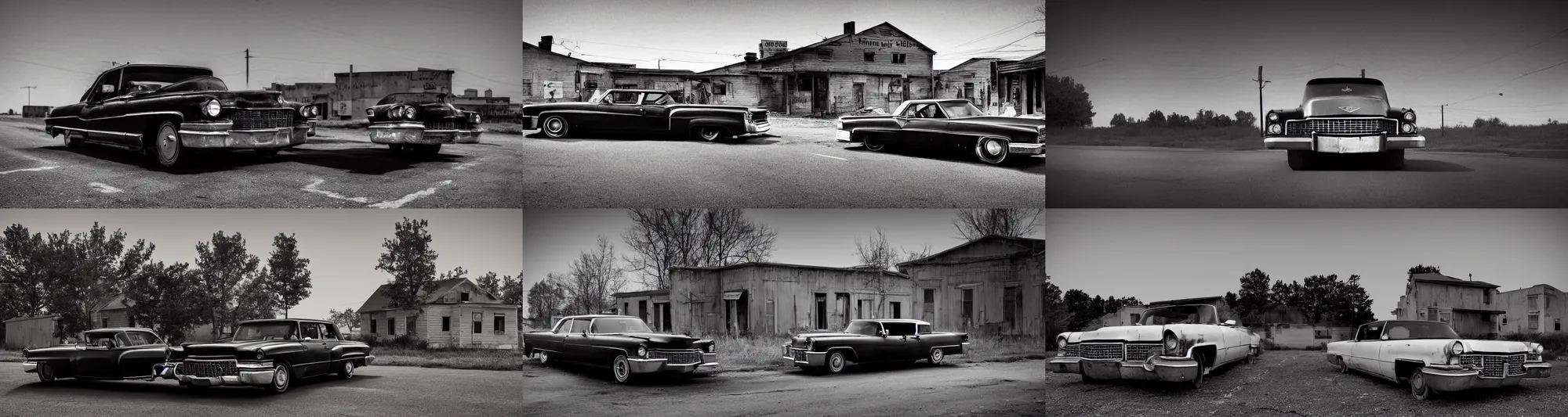 Prompt: an old black Cadillac abandoned on the side of the road in an American town at night inspired by Edward Hopper, Classic America, queit street liminal space, film grain, portrait 400 filmstock, dim and dark lighting, dramatic lighting, unreal engine 5 render, trending on artstation, 8K, HDR