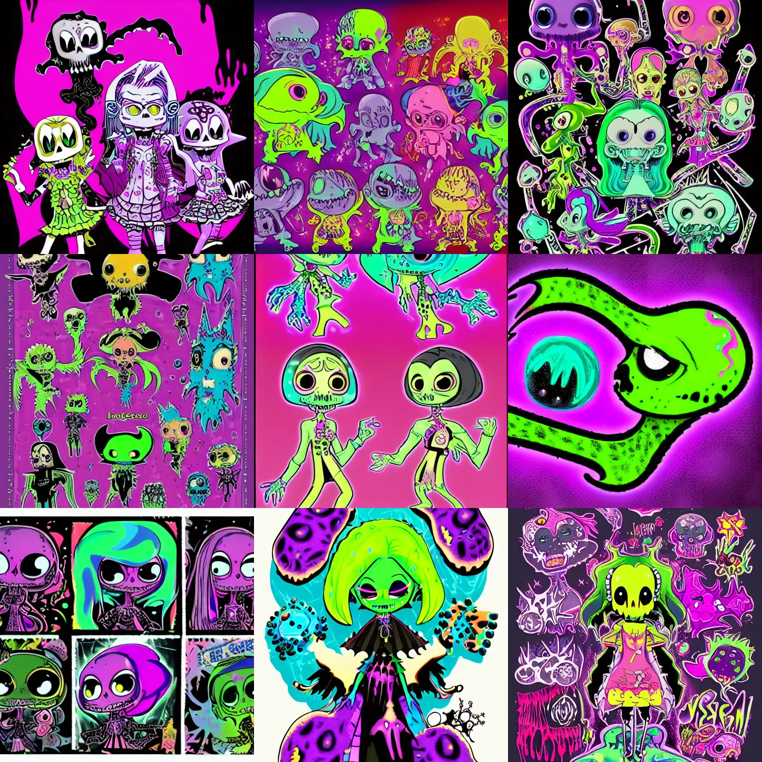 Prompt: lisa frank gothic punk toxic bioluminescent glow in the dark bones vampiric rockstar vampire squid concept character designs of various shapes and sizes by genndy tartakovsky and the creators of fret nice at pieces interactive and splatoon by nintendo and the psychonauts by doublefine tim shafer artists for the new hotel transylvania film managed by pixar and overseen by Jamie Hewlett from gorillaz