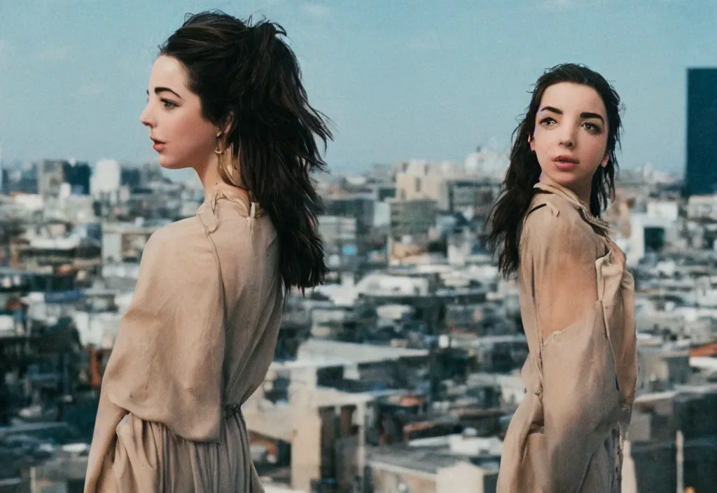 Image similar to lomo photo of adelaide kane standing on the roof of building, small town, cinestill, bokeh, out of focus