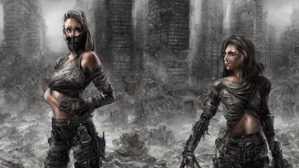 Prompt: 3/4 portait photo of modern warrior woman at post apocalyptic skyscraper buildings, daytime, matte painting, like artgerm