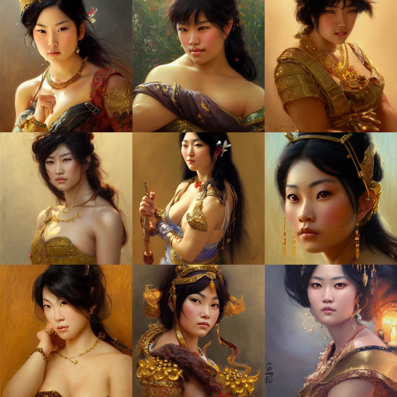 Prompt: portrait of a beautiful asian woman with dark hair, golden skin, full figured, fantasy, tavern girl, highly detailed, sharp focus, highly detailed painting by gaston bussiere, craig mullins, j. c. leyendecker 8 k