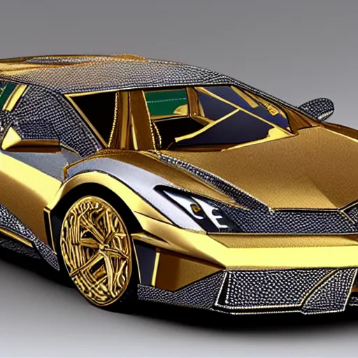 Image similar to lamborgini toy made of golden jewelery, diamonds, photorealism,