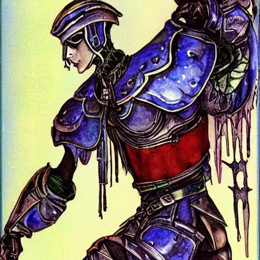 Prompt: watercolor, final fantasy tactics character, wearing plate armor, wearing helmet, faceless, shrouded, artwork by harry clarke, artwork by Clyde Caldwell