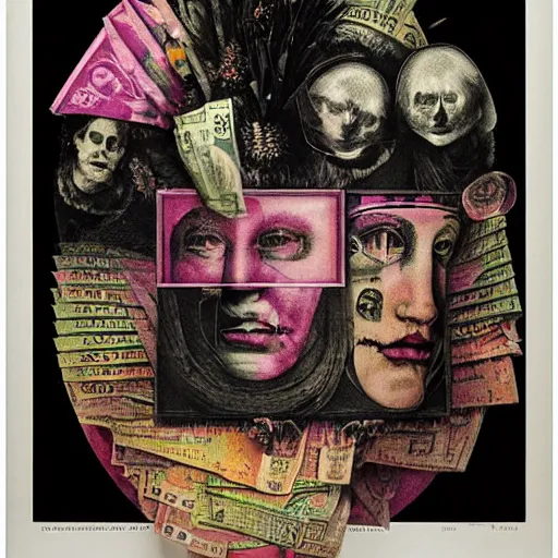 Image similar to post - punk new age album cover, asymmetrical design, frame of a dollar bank notes, capitalism, magic, apocalypse, psychedelic, black white pink, magic, giger h. r., giuseppe arcimboldo