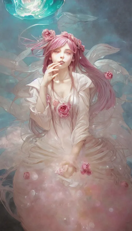 Image similar to portrait of madoka magica, dreamy and ethereal, expressive pose, big pink eyes, peaceful expression, ornate frilly dress, fantasy, intricate, elegant, many rainbow bubbles, rose tones, highly detailed, digital painting, artstation, concept art, smooth, sharp focus, illustration, art by artgerm and greg rutkowski and alphonse mucha