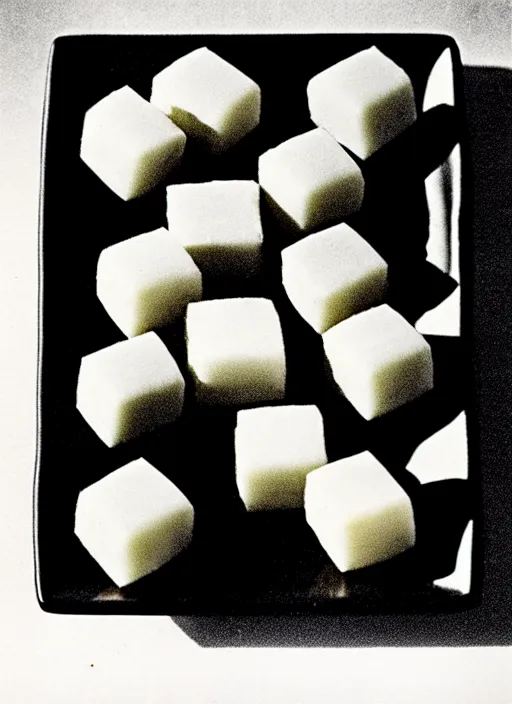 Image similar to realistic photo of japanese mochi candies sweets, black and white, on a square wooden plate 1 9 9 0, life magazine photo