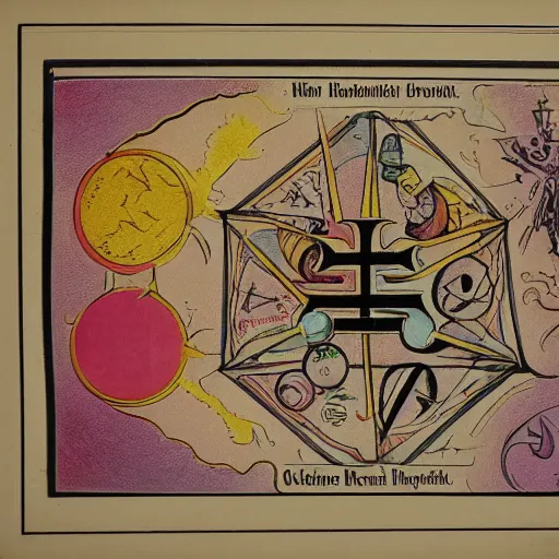 Image similar to < Occult Lithograph containing a connected diagram of colorful magical symbols, reagents, and alchemical devices