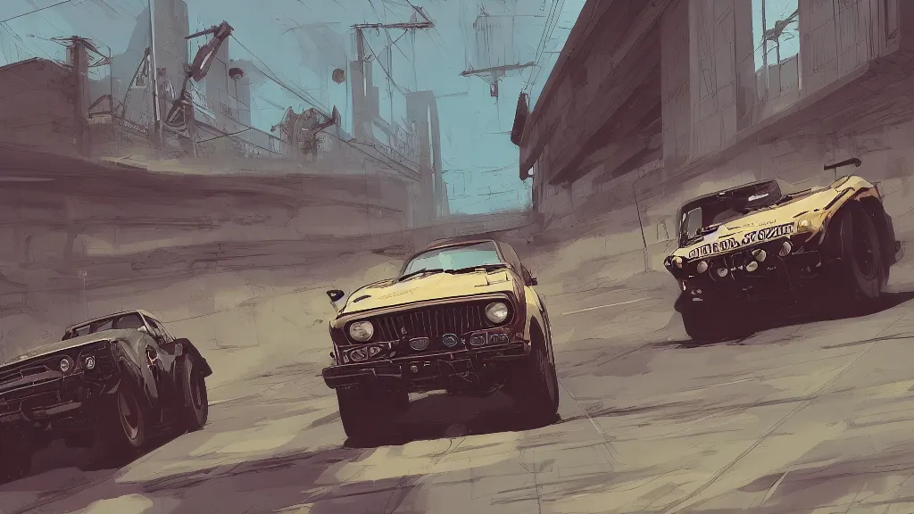 Image similar to digital illustration of mad max's fj 4 0 pursuit special, the last v 8 interceptor driving down a deserted cyberpunk highway in the middle of the day by studio ghibli, anime style year 2 0 9 3, by makoto shinkai, ilya kuvshinov, lois van baarle, rossdraws, basquiat