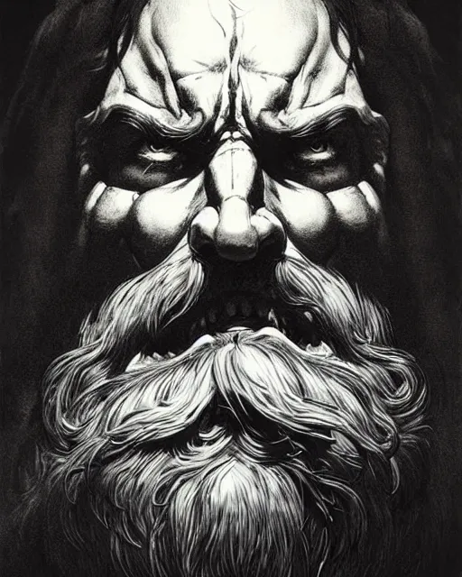 Image similar to reinhardt from overwatch, beard, character portrait, portrait, close up, concept art, intricate details, highly detailed, horror poster, horror, vintage horror art, realistic, terrifying, in the style of michael whelan, beksinski, and gustave dore