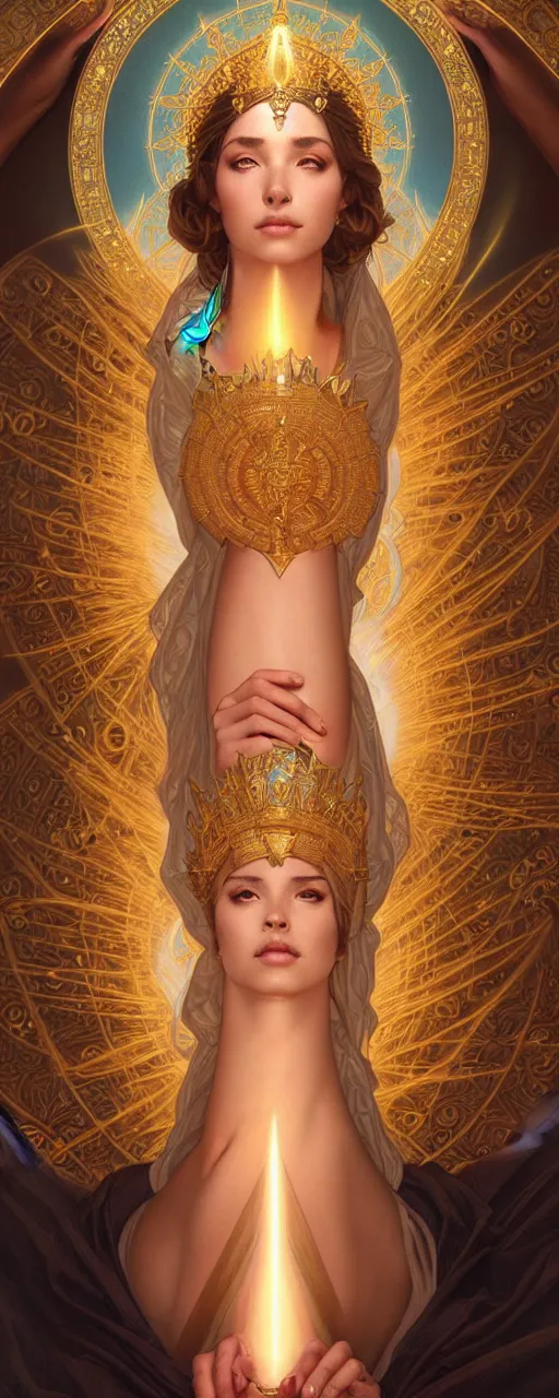 Image similar to perfectly detailed tarot card empress goddess of light!! blessed by nature with ever - increasing physical mental perfection, symmetrical! intricate, sensual features, highly detailed, biblical divine holy perfection!! digital painting, artstation, concept art, smooth, sharp focus, illustration, art by artgerm and greg rutkowski and alphonse mucha