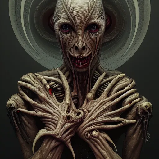 Image similar to symmetry!! portrait of grotesque alien, sci - fi horror, intricate, body horror, dark design, highly detailed, dark dynamic lighting, digital art, digital painting, artstation, smooth, sharp focus, illustration, art by artgerm and h r giger and greg rutkowski and alphonse mucha, 8 k - h 7 0 4