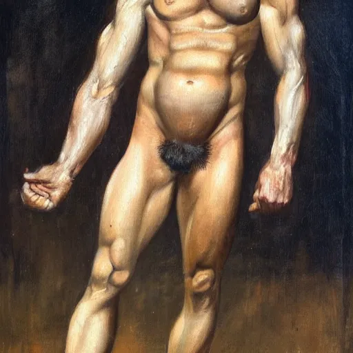 Prompt: a realistic muscular neanderthal man posing for a photoshoot painting