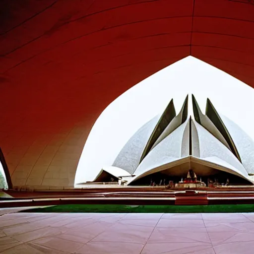 Image similar to futuristic pyramid lotus temple space station with gold, red and white marble panels, by buckminster fuller and syd mead, intricate contemporary architecture, photo journalism, photography, cinematic, national geographic photoshoot