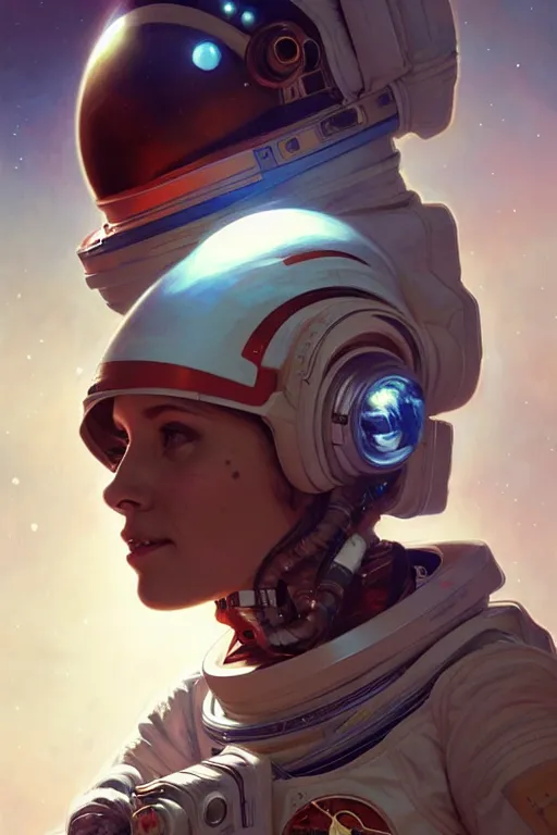 Image similar to a female astronaut on mars, face painting, dramatic lighting, intricate, wild, highly detailed, digital painting, artstation, concept art, smooth, sharp focus, illustration, art by artgerm and greg rutkowski and alphonse mucha, footage from space camera