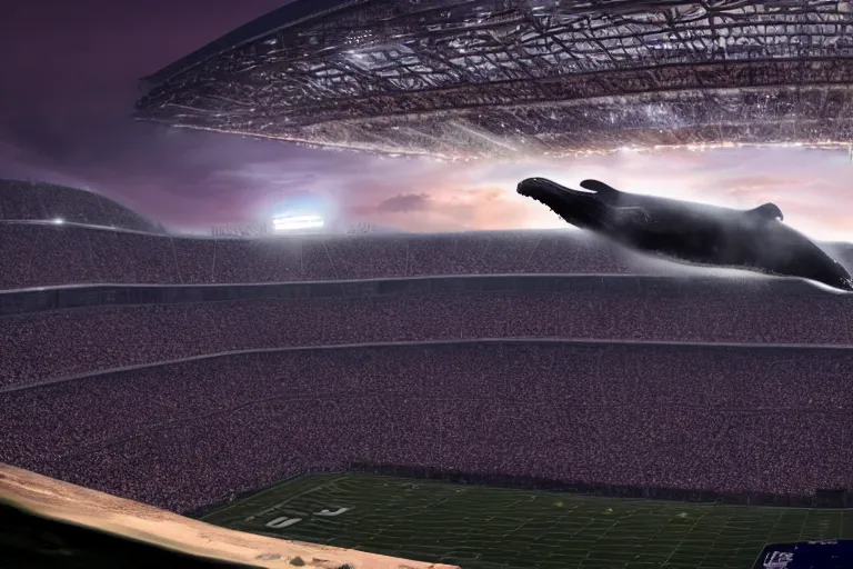 Image similar to a humpback whale flying over the NFL Super Bowl Stadium cinematic lighting by Jessica Rossier