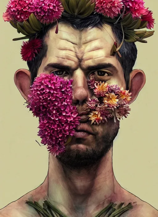 Prompt: handmade character portrait of a serious american soldier man, flowers growing on his body, explosion of amaryllis, hydrangea on his head, chrysanthemum, hyacinth, in the style of artgerm and enki bilal and bastien lecouffe - deharme, wlop, line art, watercolor, cinematic lighting, hyperdetailed, hyperrealistic