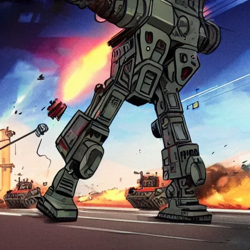 Prompt: six meters tall mech walking down the street shooting an autocannon at tanks, comic book illustration, action scene, high quality gloss art