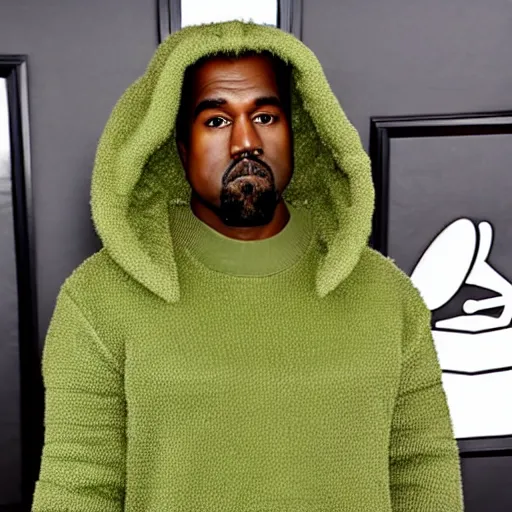 Prompt: kanye west at the grammys in an avocado costume, red carpet photo
