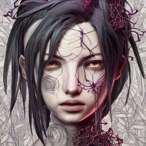 Image similar to the head of tifa lockhart partially made of potatoes roots and violets, an ultrafine detailed illustration by james jean, final fantasy, intricate linework, bright colors, behance contest winner, vanitas, angular, altermodern, unreal engine 5 highly rendered, global illumination, radiant light, detailed and intricate environment