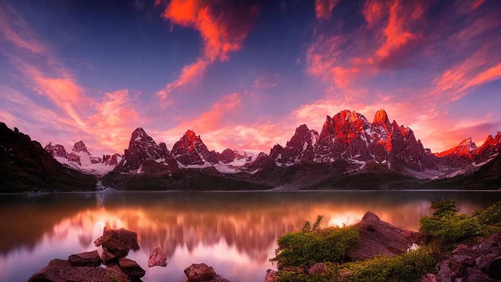 Image similar to amazing landscape photo of mountains with lake in sunset by marc adamus, beautiful dramatic lighting