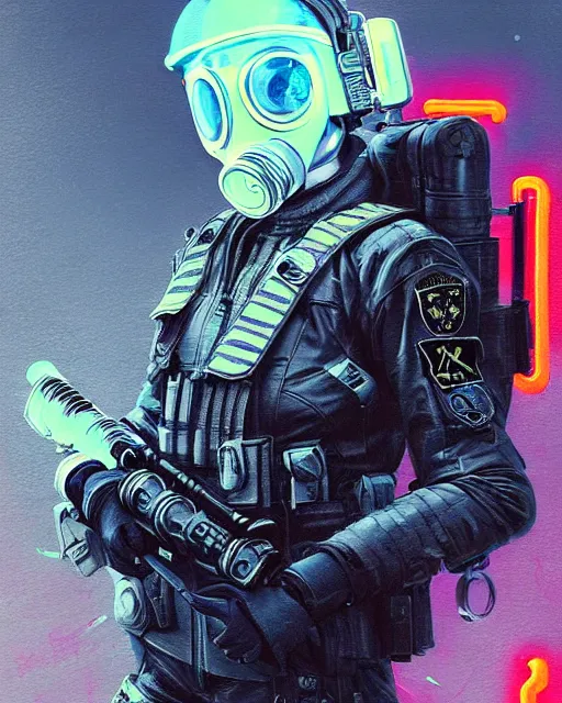 Image similar to detailed portrait neon female swat officer flying a fighter jet, cyberpunk futuristic, neon, gas mask, reflective puffy coat, decorated with traditional japanese by ismail inceoglu dragan bibin hans thoma greg rutkowski alexandros pyromallis nekro rene margitte, fire & smoke, illustrated, perfect face, fine details, realistic shaded, fine - face, pretty face