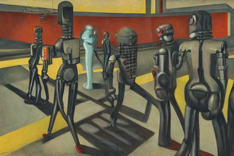 Image similar to drab slave human workers building robots, watched by fascist robots, brutalist factory, dystopian, pj crook, edward hopper, oil on canvas