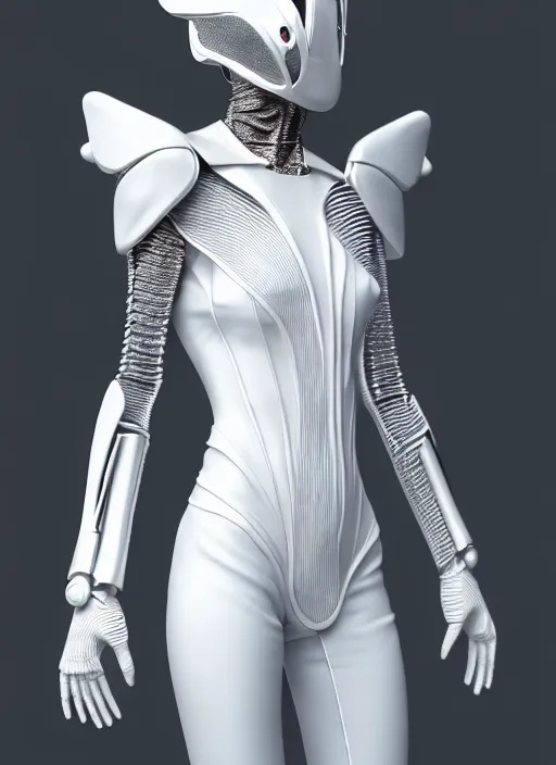 Prompt: white suit, skin concept, DIGITAL FASHION, biopunk, metaverses, Guyver style, 3d, cinematic, hyper realism, high detail, octane render, 8k, chrome accents, art by Hans Giger