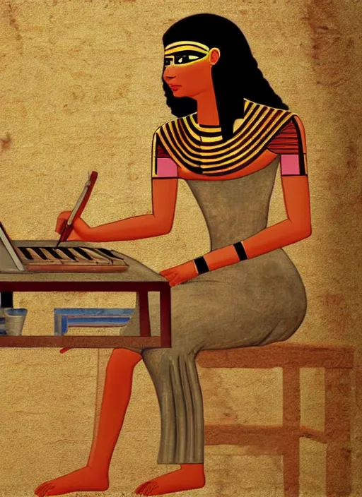 Prompt: ancient egypt painting girl using computer, 4 k, high quality, sharp fucos