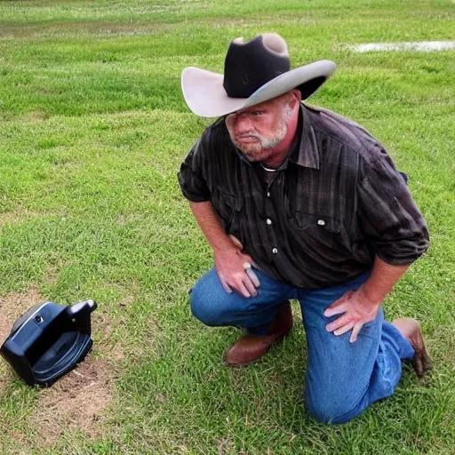 Prompt: a cowboy kneeled on the ground with a broken metal detector almost in tears and desperate when he realizes he can't dig for treasure