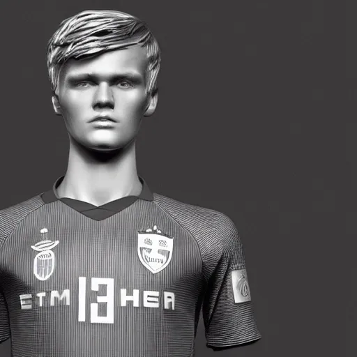 Image similar to a realistic detailed photo of a guy who is an attractive humanoid who is half robot and half humanoid, who is a male android, soccer player martin ødegaard, shiny skin, posing like a statue, blank stare, in a living room, on display