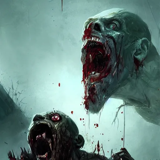 Image similar to of a men being eaten by zombie the man is screaming a bloody image by greg rutkowski