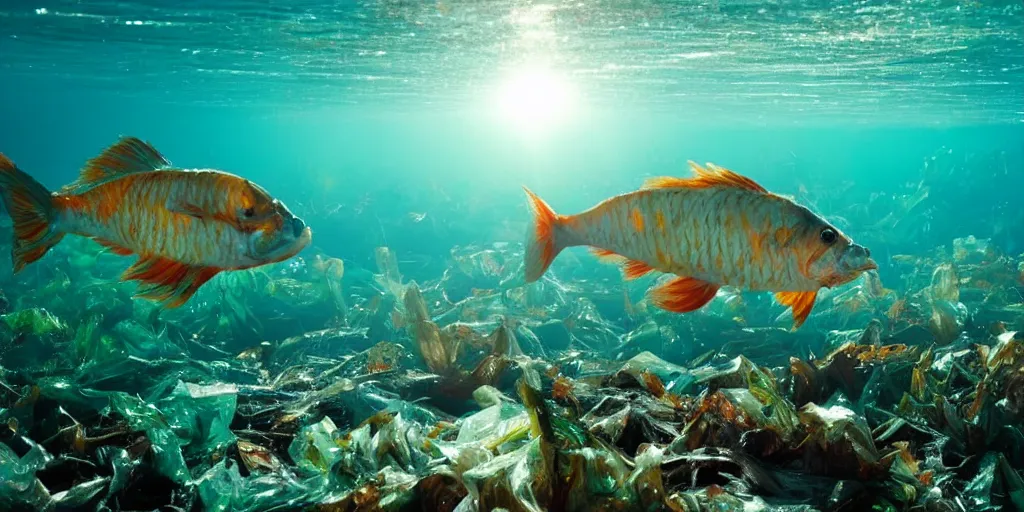 Prompt: fish covered in plastic underwater in the ocean in an eerie feeling and looking dystopian, the sunlight is in rays through the water
