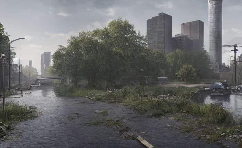 Prompt: rotterdam reclaimed by nature, a photorealistic painting by gregory crewdson, cgsociety, playstation 5 screenshot, matte painting, cryengine