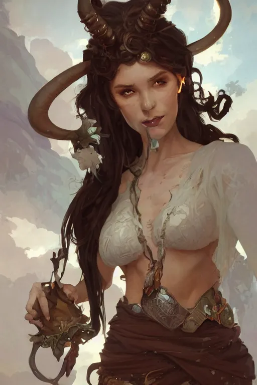 Image similar to cute Whimsical Tiefling Druid with cute horns , light-brown skin, D&D, fantasy, portrait, highly detailed, digital painting, artstation, concept art, sharp focus, illustration, art by greg rutkowski and alphonse mucha