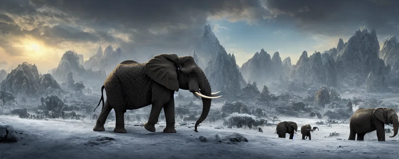 Prompt: an African elephant wearing battle armor in snow mountain landscape, beautiful dynamic lighting, cinematic, wide angle establishing shot, extremely high detail, photo realistic, cinematic lighting, post processed, concept art, artstation, matte painting, style by frederic church, raphael lacoste, unreal engine 8k