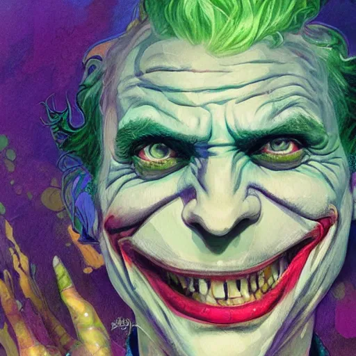 Prompt: the joker mad with laughter, epic scene dreaming acid - fueled hallucinations, psychedelic high detail, digital art, illustration, realistic award, disney concept art watercolor illustration by mandy jurgens and alphonse mucha and alena aenami