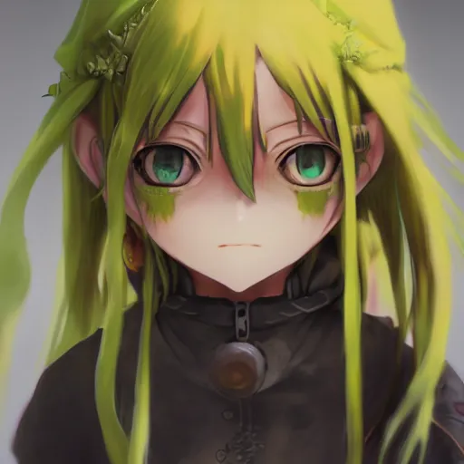 Image similar to made in abyss riko concept art, super detailed face and green eyes, yellow hair, colorful, WLOP, kuvshinov, very coherent symmetrical artwork. Cinematic, hyper realism, high detail, 8k, trending on artstation
