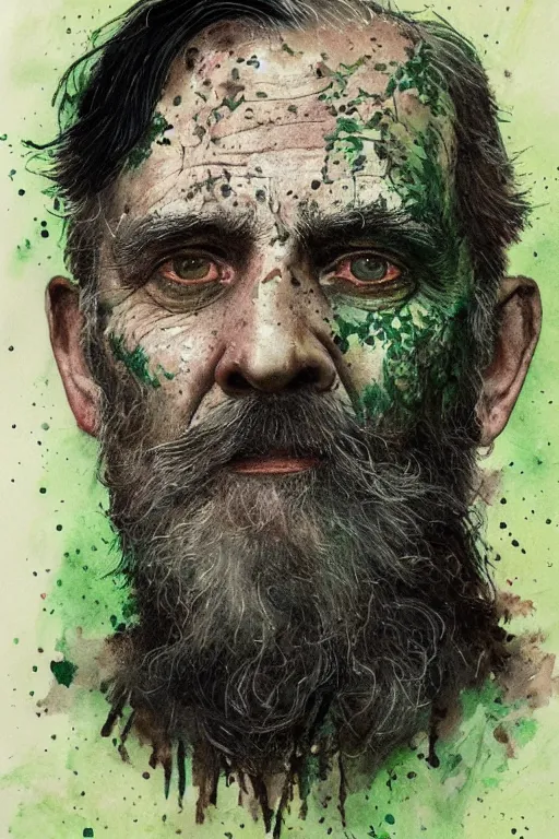 Image similar to portrait of hairy old man with aquarelle painted skin. close up. very dark black hair, green eyes. intricate dark flowers pattern in face and background, high detail, by greg rutkowski