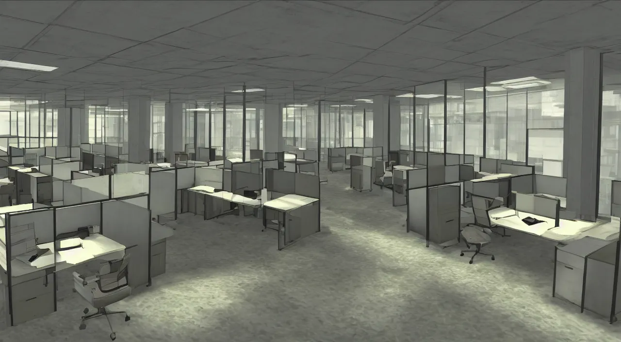 Image similar to An office at 3AM with multiple cubicles and a window that provides a view of the city, Source Engine, Gmod, Half Life 2