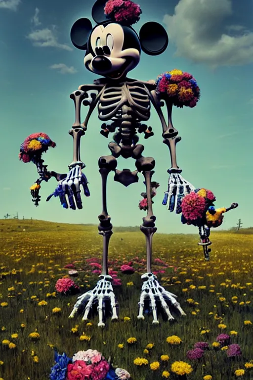 Image similar to a skeletal, mickey mouse made out of flowers and bones, taking a giant robot for a walk in the cyberpunk countryside by beeple, nychos and arcimboldo, highly detailed octane render