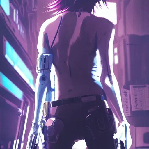 Prompt: long shot of character, colored hair, holding pistol, cyberpunk, ghost in the shell, blade runner, bountry hunter, glowing lights, biotech, techwear, face cybernetics, highly detailed, digital painting, concept art, smooth, cinematic lighting, octane renderer, art by artgerm, greg rutkowski, razaras, kasai, wlop