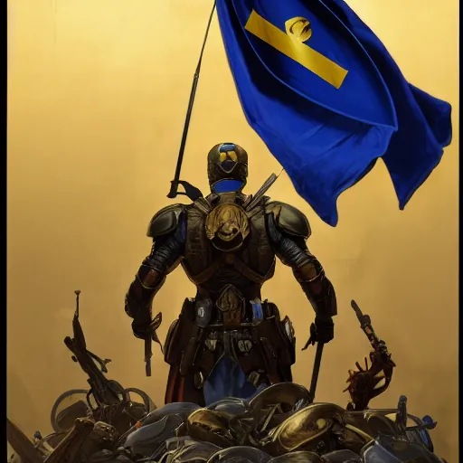 Image similar to a full body shot from behind of a super soldier with a golden and blue flag on his shoulders standing on a pile of skulls in triumph after battle, western, D&D, fantasy, intricate, elegant, highly detailed, digital painting, artstation, concept art, matte, sharp focus, illustration, art by Artgerm and Greg Rutkowski and Alphonse Mucha