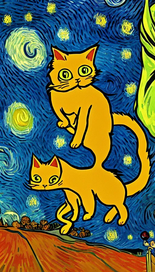 Image similar to onde cat walking on the mono killing the devil style van gogh