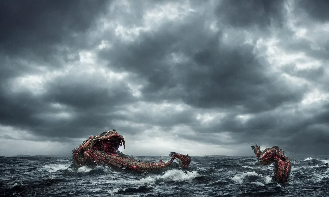 Image similar to a gigantic monster that looks like a mixture of monkfish with crocodile limbs, wet and slimy with a very large mouth, is coming out of the sea dragging its enormous weight with effort on a beach, there are people fleeing in terror, photo-realistic, stormy sky, photo by national geographical