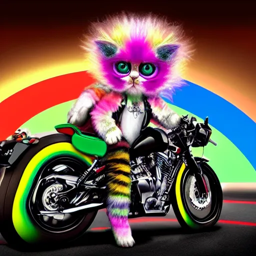 Image similar to wide angle full body, jacket wearing fluffy cute rainbow kitten wearing a black leather motorcycle jacket, riding on a motorcycle, cinematic concept art