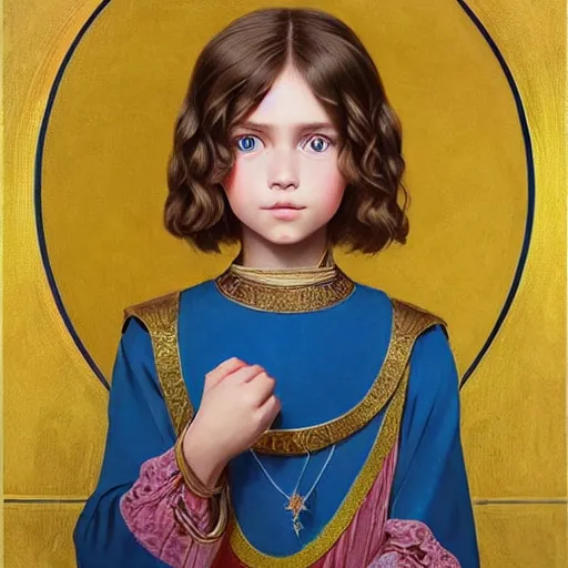 Prompt: a little girl with short wavy curly light brown hair and blue eyes, a space empress in byzantine style. beautiful highly detailed face, painting by ilya kuvshinov and raymond swanland