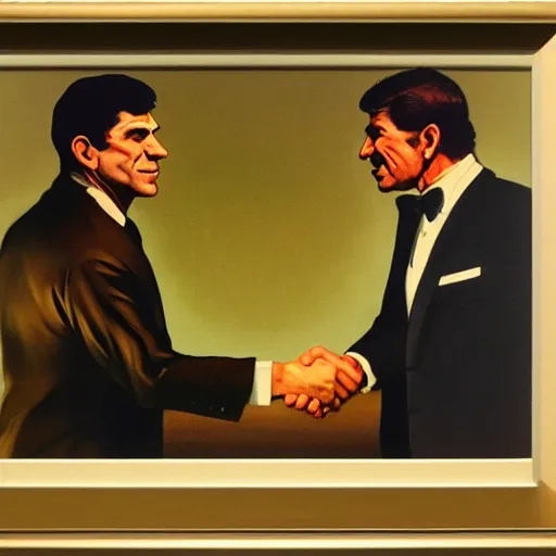 Image similar to tony khan and vince mcmahon shaking hands, stylized behance by syd mead, frank frazetta, ken kelly, simon bisley, richard corben, william - adolphe bouguereau