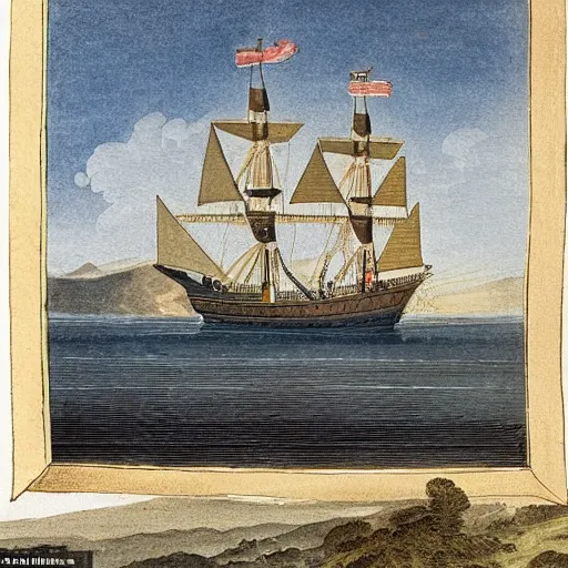 Prompt: Capitain Cook arriving in the bay of islands on the HMS Endeavour amongst dense New Zealand coastal forest, 1769 New Zealand, in the style of a Charles Emilius Gold watercolor